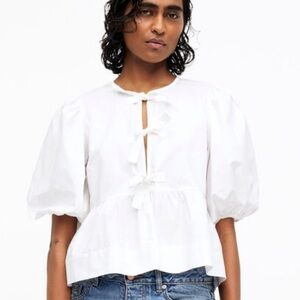Ganni White Puff Sleeve tie blouse